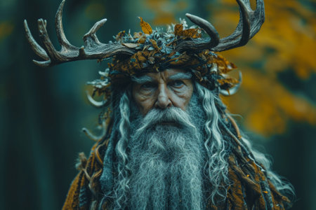 A man with a long beard and antlers on his head, AIの素材