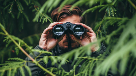 A man looking through binoculars in the woods, AIの素材