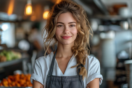 A woman with apron standing in front of food counter, AIの素材