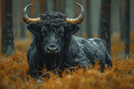 A black bull with horns sitting in a field of grass, AIの素材