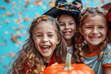 Three little girls in halloween costumes smiling at the camera, AIの素材