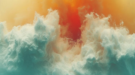An image of a colorful ocean with orange and yellow clouds, AIの素材