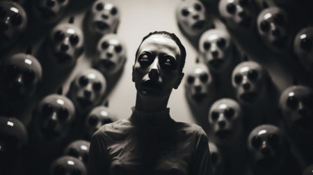 A woman with a mask on her face surrounded by many masks, AIの素材