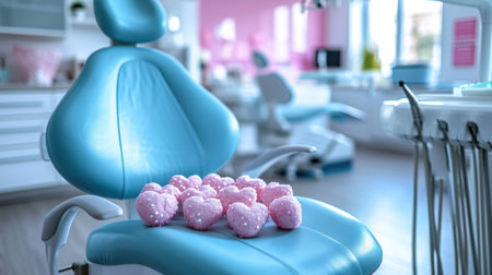 A blue dental chair with heart shaped pillows on it, AIの素材