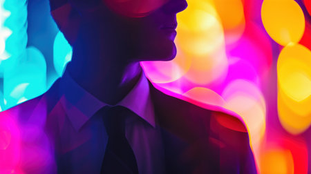 A man in a suit and tie standing next to colorful lights, AIの素材