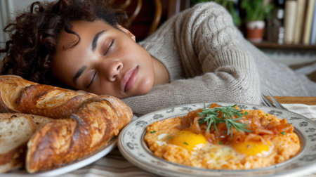 A woman sleeping on a table with food in front of her, AIの素材