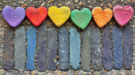 A row of colorful hearts are lined up on a stone path, AIの素材