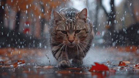 A cat walking in the rain with leaves on the ground, AIの素材