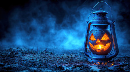 A lantern with a jack-o-lantern face lit up on the inside, AIの素材