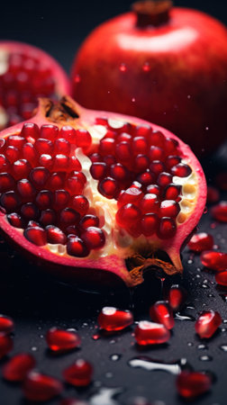 A close up of a pomegranate with seeds and water drops, AIの素材