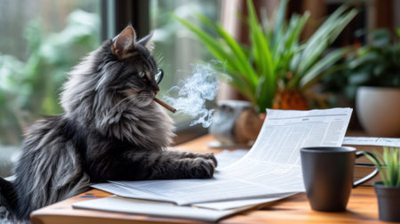 A cat sitting on a desk smoking and reading papers, AIの素材