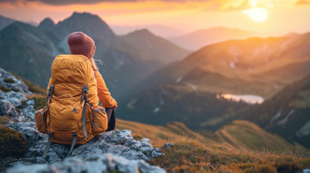 A woman with a backpack sitting on top of the mountain, AIの素材