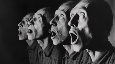 A black and white photo of a man with his mouth open, AIの素材