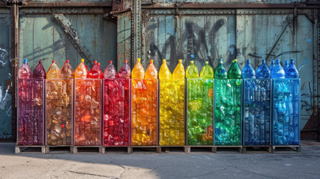 A row of colorful plastic bottles on a pallet in front of an old building, AIの素材