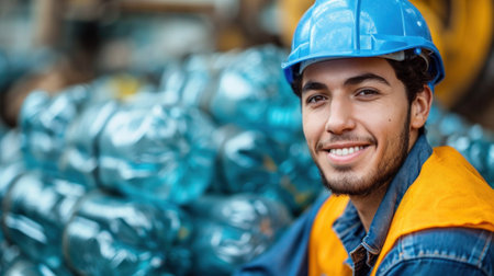 A man in a hard hat smiling while sitting next to some pipes, AIの素材