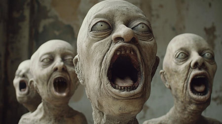 A group of statues with their mouths open and eyes wide, AIの素材