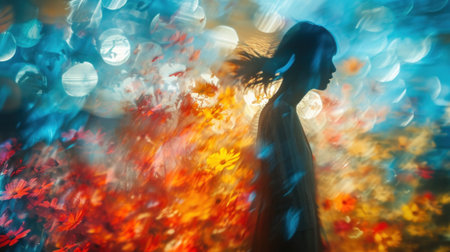 A woman standing in front of a colorful background with blurred lights, AIの素材