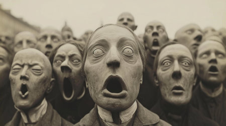A group of people with their mouths open in a crowd, AIの素材