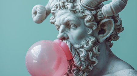 A statue of a man with horns blowing bubbles out his mouth, AIの素材
