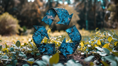 A blue recycle symbol in the middle of a field, AIの素材
