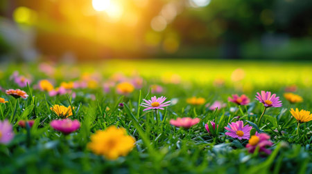 A field of colorful flowers with a bright sun in the background, AIの素材