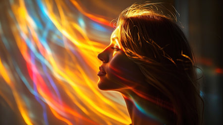 A woman with her eyes closed and a rainbow of light shining on them, AIの素材