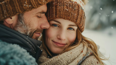 A man and woman in winter hats cuddling together, AIの素材