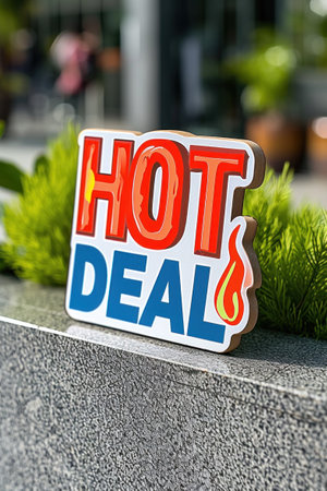 A sign that says hot deal on a ledge in front of some plants, AIの素材