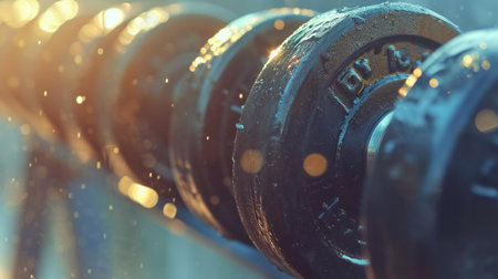 A row of dumbbells are lined up on a metal bar, AIの素材