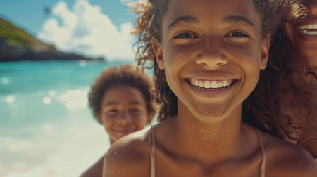 A group of three young girls smiling at the camera on a beach, AIの素材