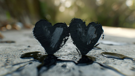 Two hearts painted black on a sidewalk with some liquid, AIの素材