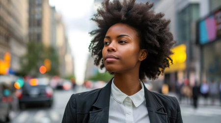 A woman with afro hair standing in the middle of a city street, AIの素材