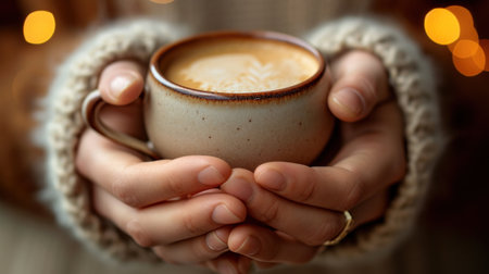 A person holding a cup of coffee in their hands, AIの素材