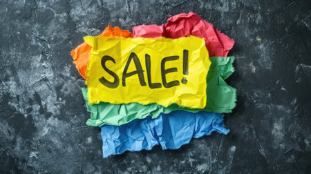 A piece of crumpled paper with the word sale written on it, AIの素材