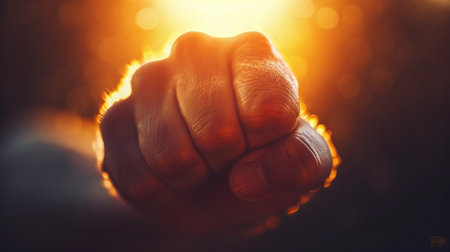 A close up of a fist with the sun shining behind it, AIの素材