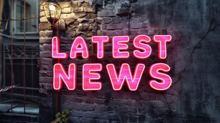 A neon sign that says latest news on a brick wall, AIの素材