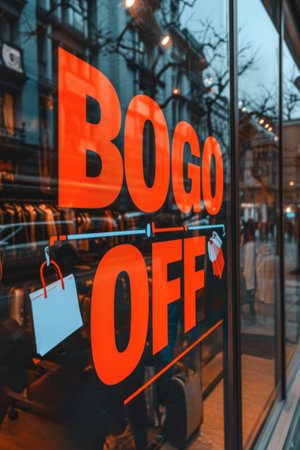 A store window with a sign that says boog off, AIの素材