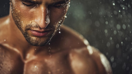 A man with a wet face and no shirt in the rain, AIの素材