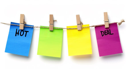 A group of colorful paper with the words hot deal and sale hanging on a clothesline, AIの素材