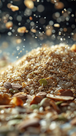 A pile of grains and seeds are being sprinkled on a table, AIの素材