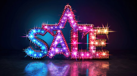 A sale sign with colorful lights and a star shape, AIの素材