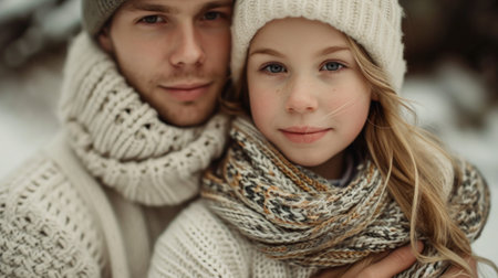 A man and woman in winter clothes posing for a picture, AIの素材