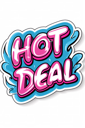 A sticker that says hot deal in pink and blue, AIの素材