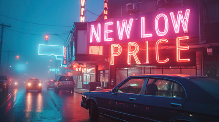 A car driving down a street with neon lights and signs, AIの素材