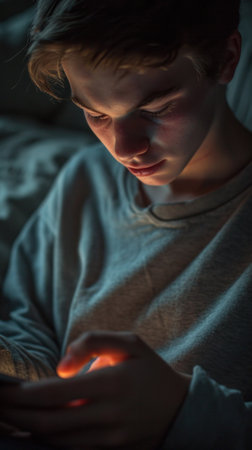 A boy in a grey sweatshirt looking at his cell phone, AIの素材