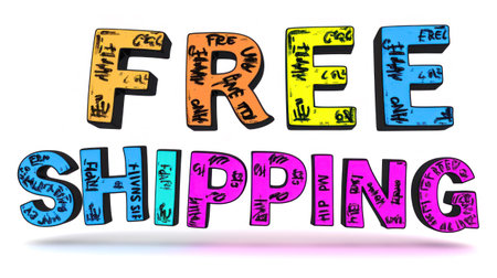 A colorful drawing of the word free shipping with a smiley face, AIの素材