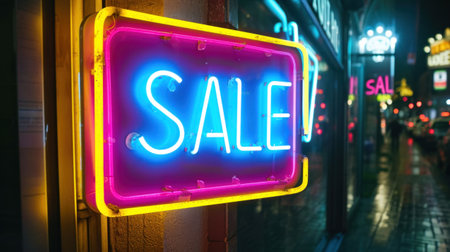 A neon sign that says sale on a building at night, AIの素材