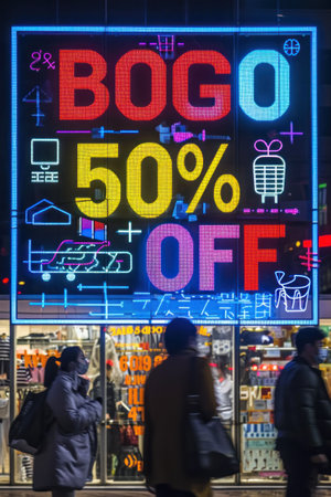 A neon sign advertising a 50% off sale on the front of a store, AIの素材