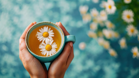 A person holding a cup of tea with two daisies in it, AIの素材