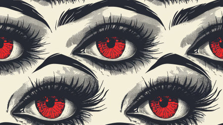 A pattern of red eyes with black eyelashes and a white background, AIの素材
